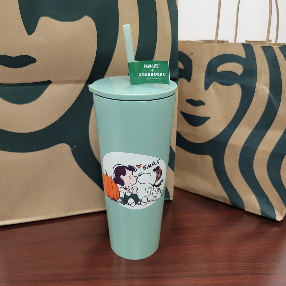 Starbucks Peanuts Snoopy Lucy Stainless Steel Cold Cup Tumbler 24oz Green New